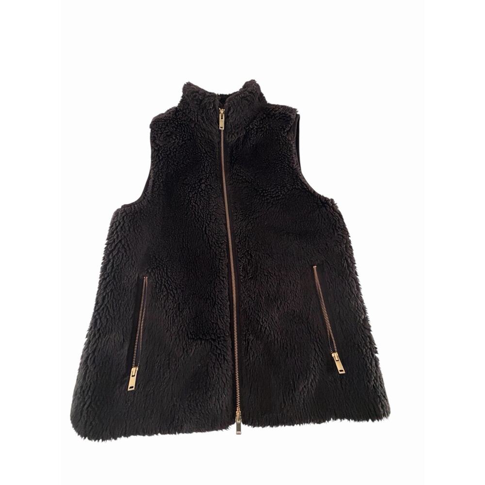 J.Crew Women’s XS Black Faux Fur Vest Gold Zipper Lined Interior Pocket